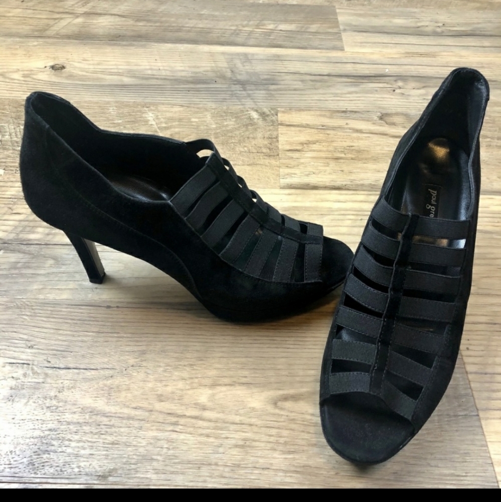 Paul Green Black Suede Peep Toe Heels